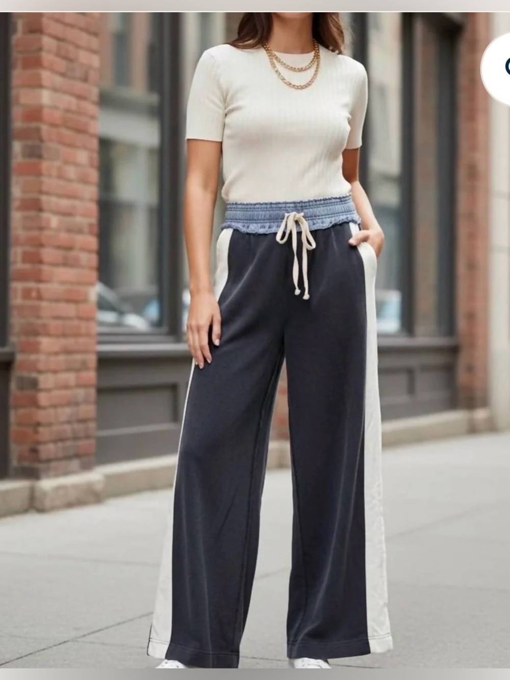 Eesome Ash Black Wide Leg Sweatpants with Cream Side Stripes